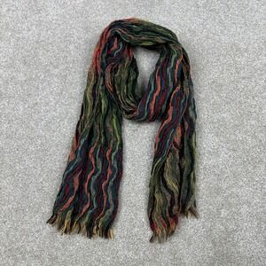 Multi Color Wavy Textured Knit Scarf Green Orange Striped Crinkle Fringe Trim
